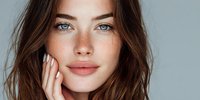 Young woman with freckles and blue eyes touching her face against neutral background, showcasing natural beauty for skincare or cosmetic advertising.