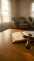 Open holy book and golden cross on wooden table in sunlit room, evoking faith, prayer, and spiritual reflection.