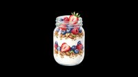 Watercolor granola parfait jar with berries and yogurt, isolated on transparent background. Great for food clipart, stickers, t-shirt design, print on demand, and sublimation.