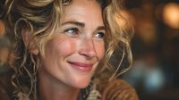 Caucasian woman with curly blonde hair and freckles smiling gently in warm ambient lighting, creating intimate portrait with soft bokeh background.