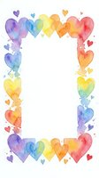 Watercolor rainbow heart frame border with colorful hearts in purple blue yellow orange red creating romantic decorative space for text or photos.