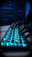 Technician in black gloves operating illuminated keyboard in server room with networking equipment and indicator lights glowing in background, suitable for IT, cybersecurity, and data center concepts.