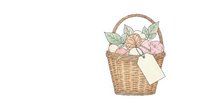 Wicker basket filled with pink roses and green leaves, featuring a blank gift tag, isolated on white background for design projects.