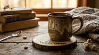 Rustic ceramic mug on a wooden coaster with Welcome inscription, cozy autumn hygge setting with books and knit blanket on weathered table.