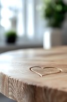 Heart shape carved into natural wood surface with visible grain texture and soft bokeh background, creating romantic minimalist composition for valentines or love themes.