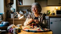 Senior woman with gray hair and warm smile knitting colorful scarf in cozy kitchen surrounded by yarn balls, craft supplies, and home decor. Hobby and leisure activity.