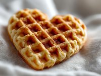 Heart-shaped golden waffle on soft white fabric, freshly baked with crispy exterior and fluffy interior, perfect for romantic breakfast or dessert presentation.