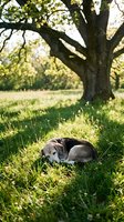 Peaceful dog resting under large oak tree in sunny meadow during golden hour creating serene countryside atmosphere for relaxation and nature themes.