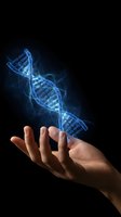 Human hand holding glowing blue DNA double helix structure on black background representing genetic science and biotechnology research.