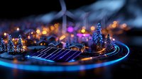 Miniature winter landscape with glowing neon roads, illuminated wind turbines and snowy pine trees against blurred city lights background. Night scene with futuristic elements.