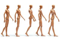 Walking sequence showing articulated mannequin figure in five progressive poses on white background, demonstrating natural human gait cycle movement.