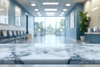 Marble countertop in modern medical office waiting room with blue walls, empty chairs and bright natural lighting from large windows.