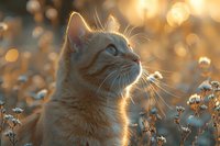 Ginger cat with blue eyes in golden sunset light among wildflowers, backlit fur creating glowing outline, dreamy bokeh background creates magical nature moment.