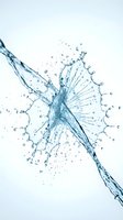 Dynamic water splash with droplets and streams creating star-like pattern on white background for refreshing beverage and hydration concepts.