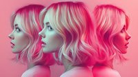 Young blonde woman shown in triple profile view with wavy hair against pink background, artistic portrait with gradient neon lighting effect creates dreamy atmospheric mood.