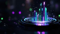 Glowing neon equalizer bars rise from circular platform with vibrant purple and green light effects against dark background, creating futuristic audio visualization.