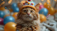 Ginger cat wearing festive birthday hat surrounded by colorful balloons and bokeh lights, looking up with curious expression. Party celebration atmosphere.