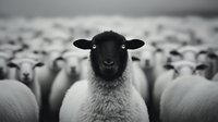 Black-faced sheep with white wool standing in front of flock, livestock farming and agriculture concept for rural industry and animal husbandry projects.