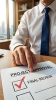 Professional businessman in white shirt and blue tie checking project approval document with red checkmark in modern office setting for business workflow.