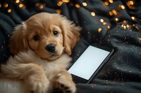 Adorable golden retriever puppy lying next to smartphone with blank screen on dark background with golden bokeh lights. Perfect for technology and pet lifestyle content.
