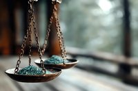 Scales of justice with turquoise gemstones in bowls, symbolizing law, fairness, and legal balance for courtroom and legal profession concepts.
