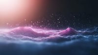 Mystical mountain landscape with glowing pink and blue ethereal lights above clouds, cosmic stars scattered across dark sky creating dreamy atmosphere.