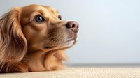 Close up portrait of ginger long-haired dachshund puppy looking up with attentive expression against light background, soft focus on nose and eyes.