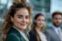 Young professional woman with curly hair and green blazer smiling confidently at camera, with blurred coworkers in background. Modern office setting portrays success.