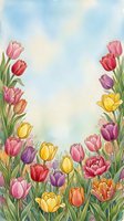 Watercolor tulip border frame with colorful spring flowers in pink, yellow, purple and red on soft blue sky background with copy space.