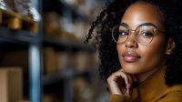 Young African American businesswoman with glasses and curly hair in modern office environment, professional portrait for corporate communications.