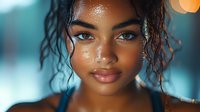Close up portrait of young African American woman with wet hair and natural makeup against blurred turquoise background with bokeh lights.