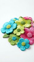 Colorful embroidered flowers with textured petals in turquoise, lime green, and pink tones arranged on white background. Isolated design element suitable for crafts, textiles, and decorative projects.