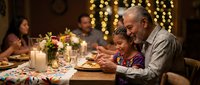 Multi-generational family enjoying dinner together at beautifully decorated table with warm lighting and festive atmosphere during holiday celebration.