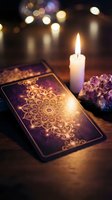 Mystical tarot cards with golden mandala design, burning candle and amethyst crystals on wooden table with warm bokeh lights for spiritual readings.