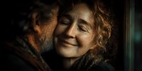 Elderly couple embracing with genuine smiles showing love and affection in warm intimate moment together demonstrating lifelong partnership and happiness.