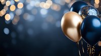 Elegant navy blue and gold balloons with glitter against dark background with festive bokeh lights creating luxurious party atmosphere.