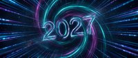 Neon glowing 2027 numerals with cyan and purple light trails radiating outward on dark digital background, representing future technology and new year concepts.