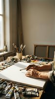 Artist hands working on blank canvas with watercolor paints and brushes in sunlit studio workspace for creative projects and artistic expression.