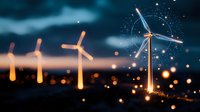 Wind turbines illuminated at dusk with glowing orange bokeh lights and sparkles against dramatic evening sky, renewable energy concept for sustainable power.