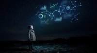 Young boy standing on rocky terrain gazing at futuristic holographic data visualizations and network connections floating in dark night sky.
