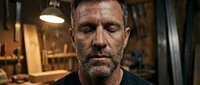Middle-aged Caucasian man with dark hair and full beard, wearing dark clothing, in warm-toned workshop or studio setting with industrial lighting. Suitable for business, professional, and lifestyle projects.