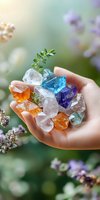 Feminine hand holding colorful healing crystals with small green plant sprouts against soft nature background. Crystal therapy and alternative medicine concept.