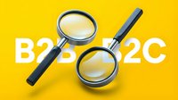 B2B B2C concept with two magnifying glasses on bright yellow background, representing search, analysis, and business investigation for marketing and commercial strategies.
