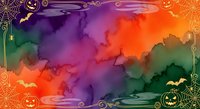 Watercolor Halloween background with pumpkins, bats, spider webs, and vibrant orange, purple, and green hues for festive seasonal design.