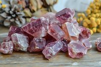 Raw pink rose quartz crystal chunks on wooden surface with pine cone and yellow flowers in background, natural healing stones and minerals display.