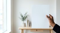 Cropped hand of man in dark sleeve reaching toward blank white canvas on wooden shelf with potted plant and books in bright interior space for mockup.