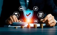 Professional businessman protecting financial investments with comprehensive insurance coverage including auto, travel, health and property protection services.