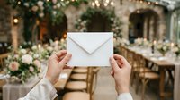 Young woman with light skin tone holding blank white envelope at elegant wedding reception venue decorated with floral arrangements and greenery, suitable for invitations and event planning.