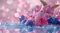 Pink cherry blossoms and blue berries floating on water surface with bokeh light effects and water drops creating dreamy spring atmosphere.
