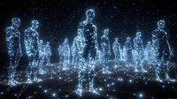 Glowing digital human figures made of blue particles and light stand in a network formation against a dark starry background, representing connectivity and data.